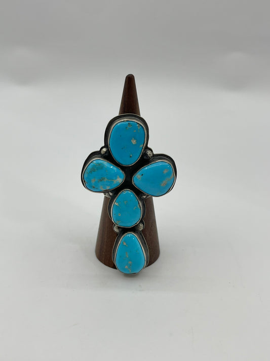 9.0 Sleeping Beauty 5 Stone Cross Ring By Steven Nez, Navajo