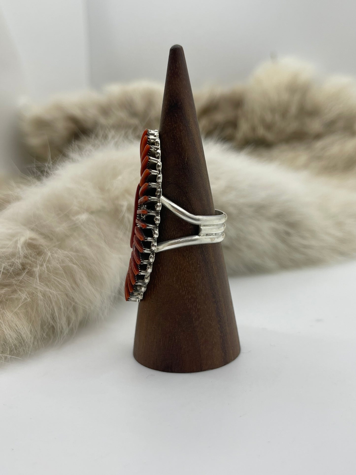 9.0 Red Coral Needlepoint Cluster Ring by Berton Cooyeyate, Zuni