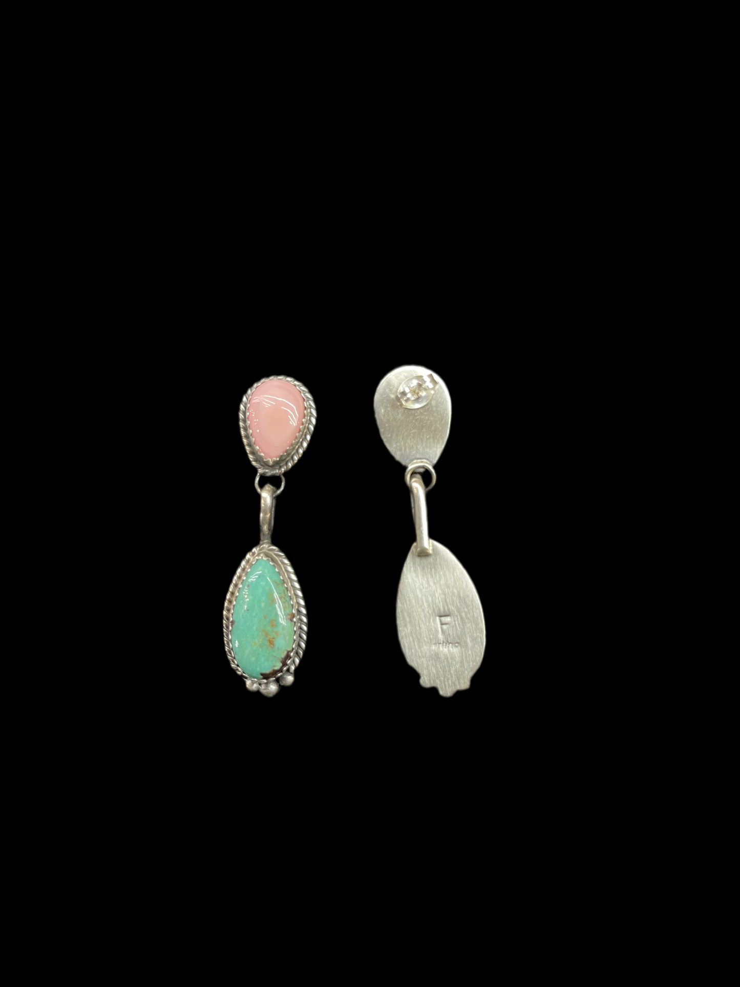 Pink Conch Shell and Turquoise Teardrop Post Dangle Earrings Freda Martinez, Navajo