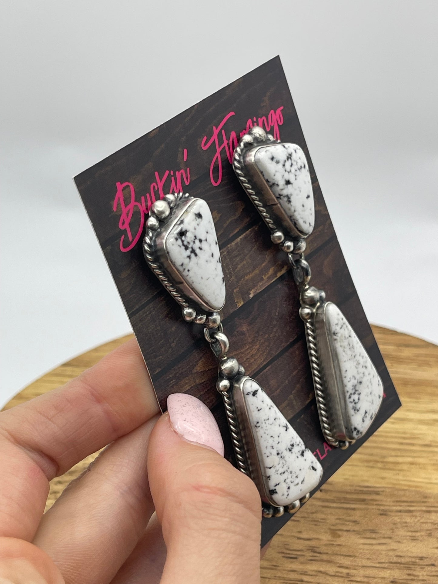 2 Stone White Buffalo Post Dangle Earrings by Elouise Kee, Navajo