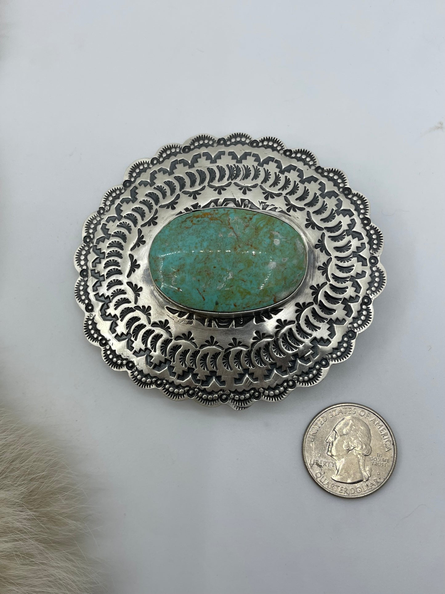 Kingman Turquoise Stamped Belt Buckle by Rick Enriquez, Navajo