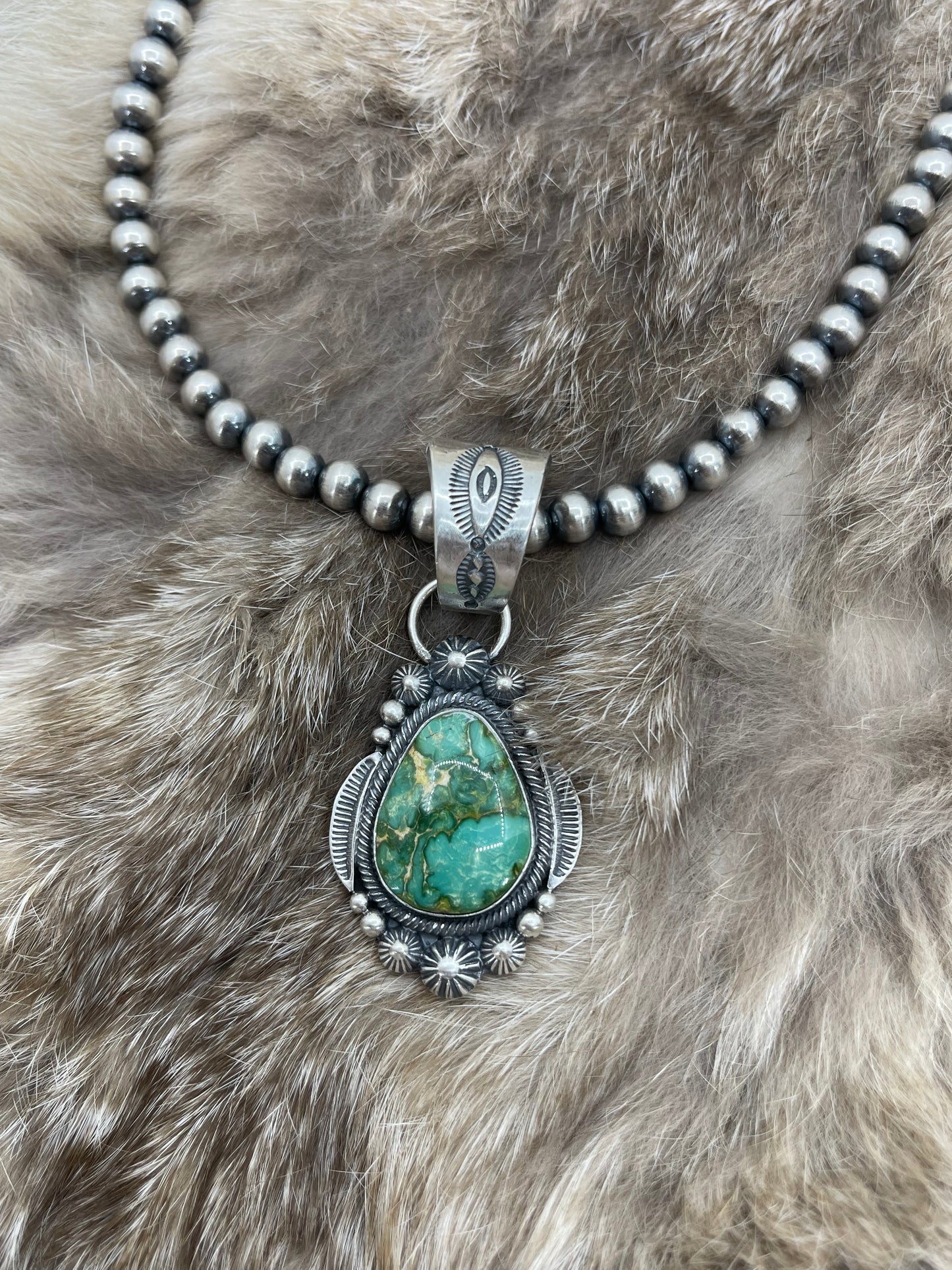 Sonoran Gold Turquoise Pendant with 18" 6mm Navajo Style Pearls by Tom Lewis, Navajo