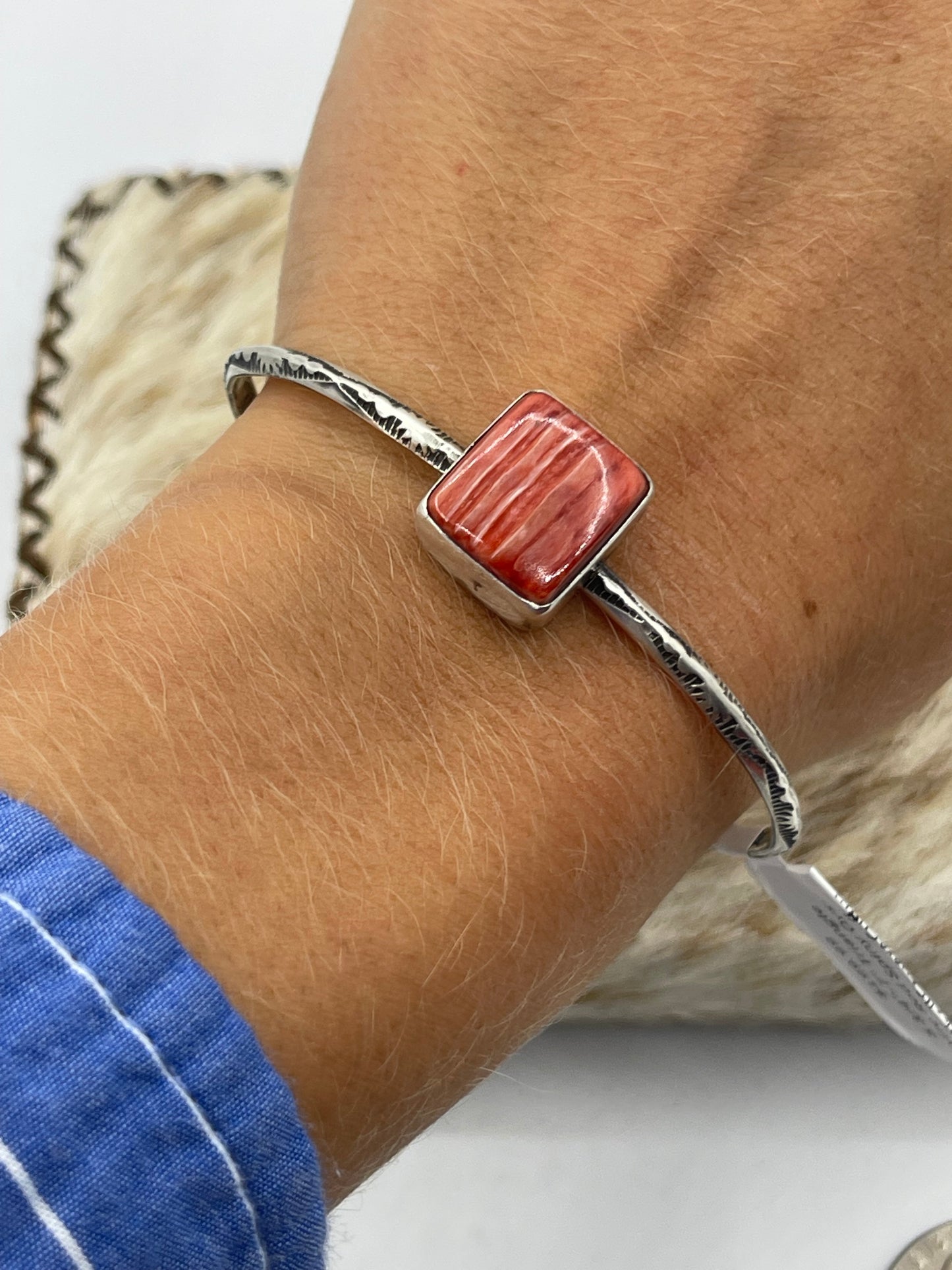 5 3/4"-7" Triangle Wire Red Spiny Oyster Shell Square Cuff by Judith Dixon, Navajo