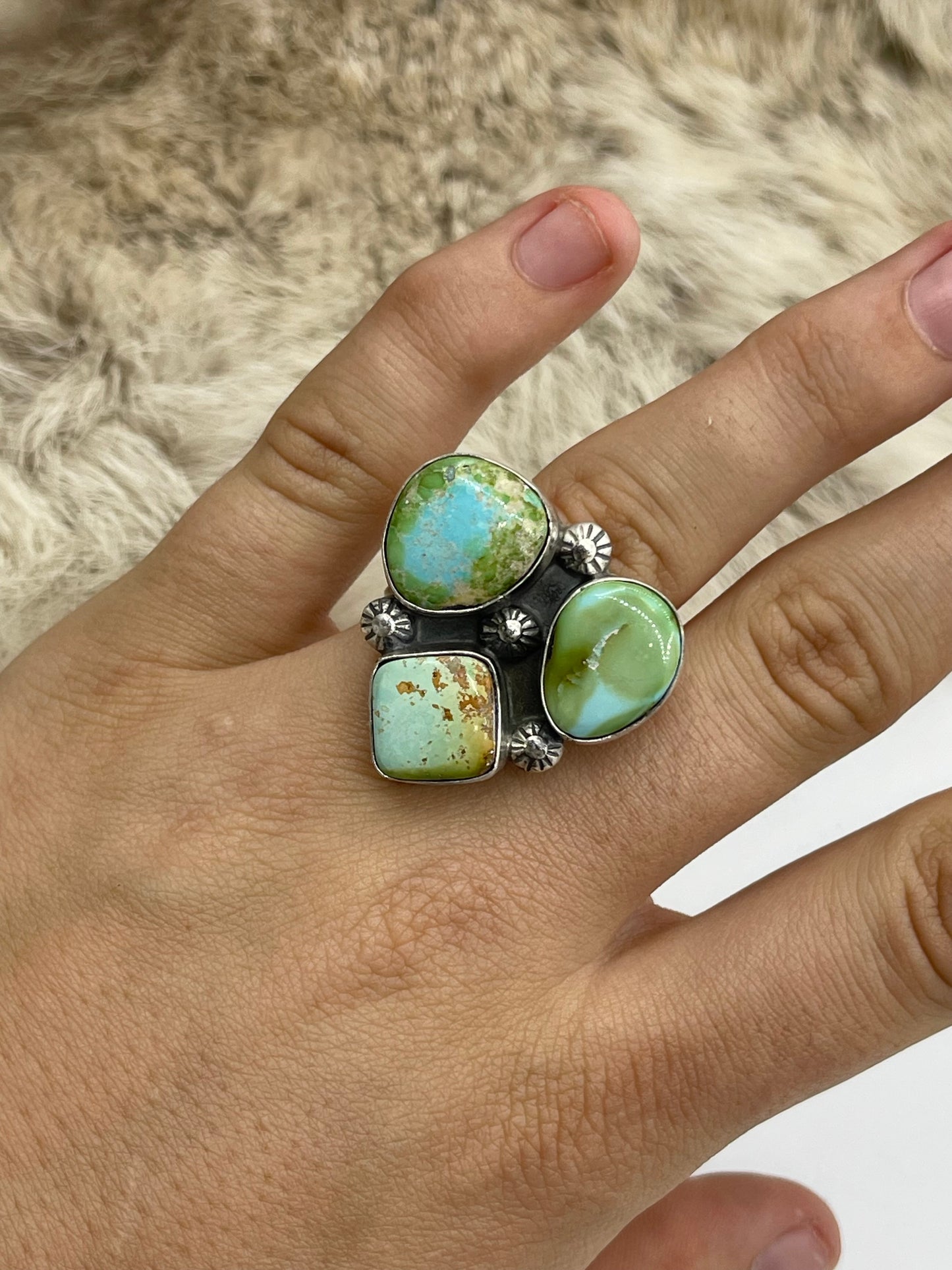 3 Stone Sonoran Gold Turquoise Adjustable (7.0-10.0) Ring by Happy Piasso, Navajo
