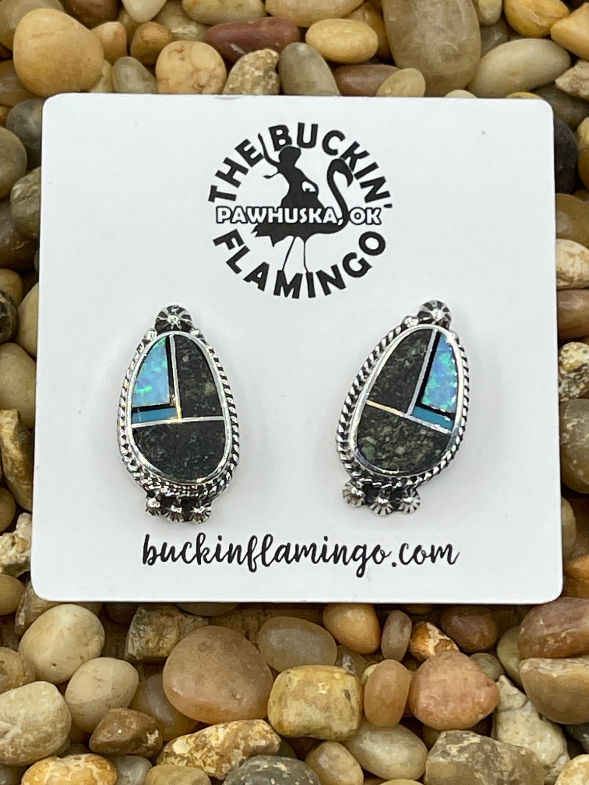 White Buffalo & Opal Inlay Earrings by James Manygoats, Navajo