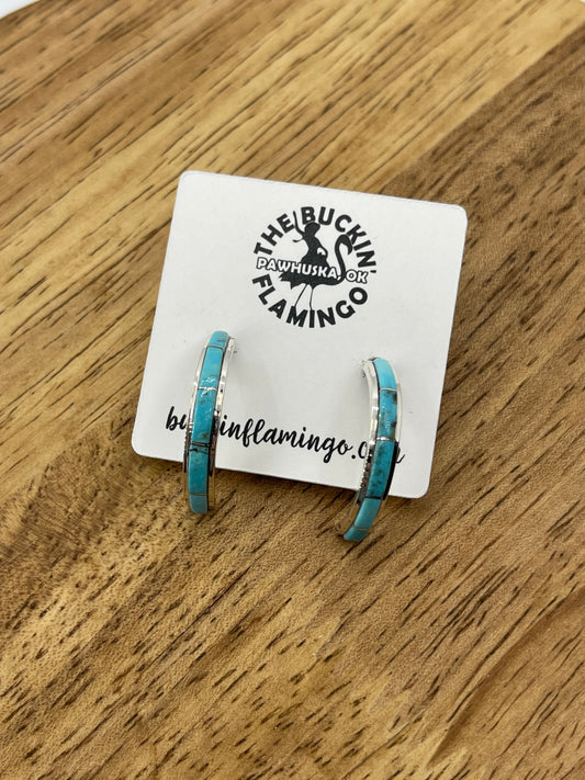 Inlay Half Hoop Turquoise Post Earrings by Gloria Waseta, Zuni