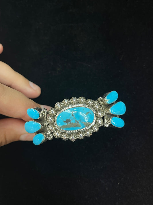 5 3/4"- 7" Kingman Turquoise 7 Stone Cuff by Emerson Delgarito, Navajo