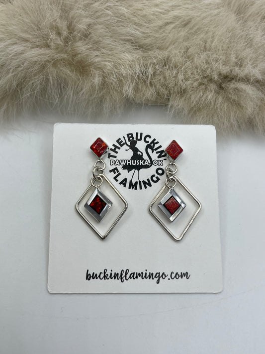 Red Opal Earrings by Willis Kallestewa, Zuni