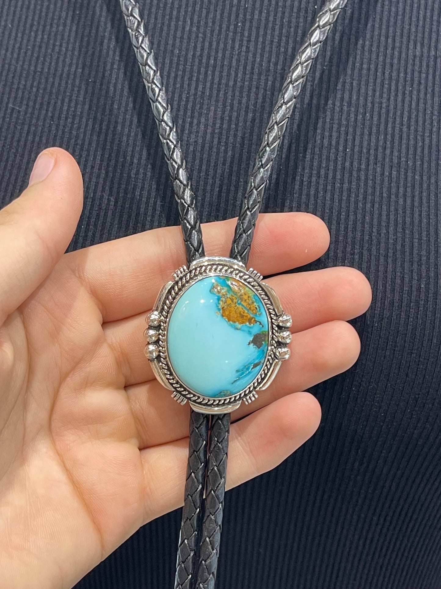High Grade Kingman Turquoise Bolo by Joelias Draper, Navajo