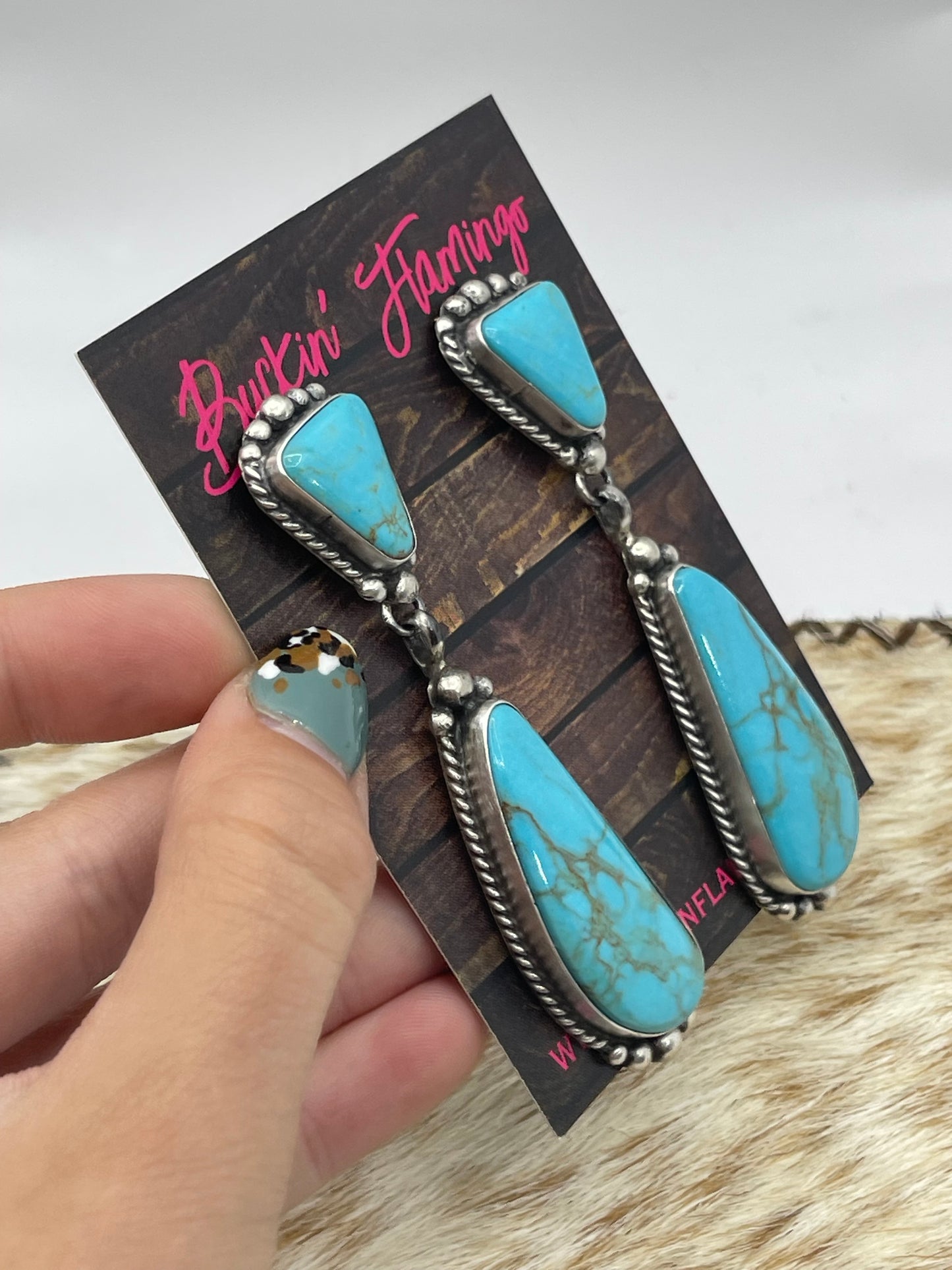 2 Stone Blue Kingman Turquoise Post Dangle Earrings by Elouise Kee, Navajo