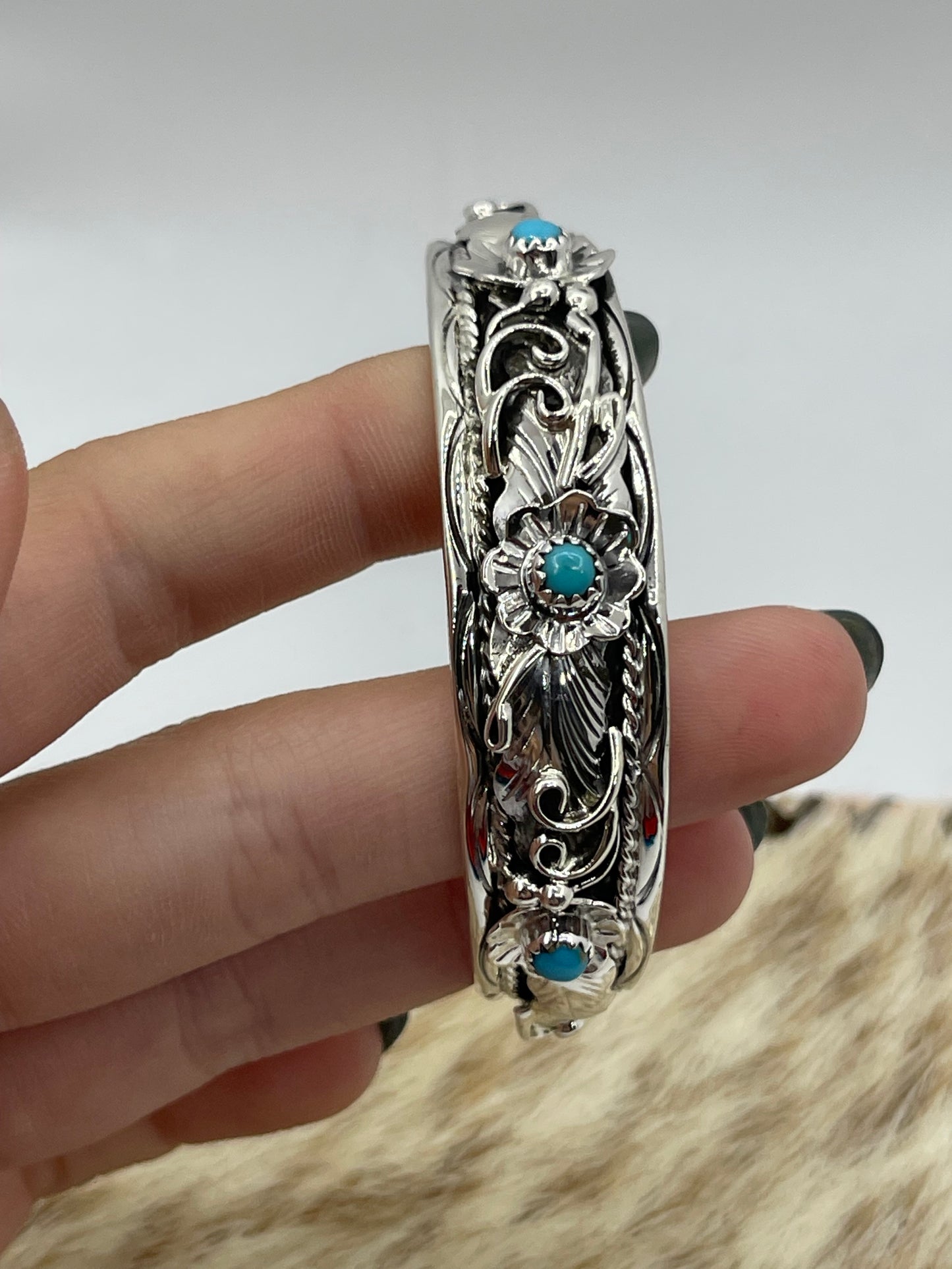 5 3/4"-7" Turquoise Floral Cuff by Bessie Joe, Navajo