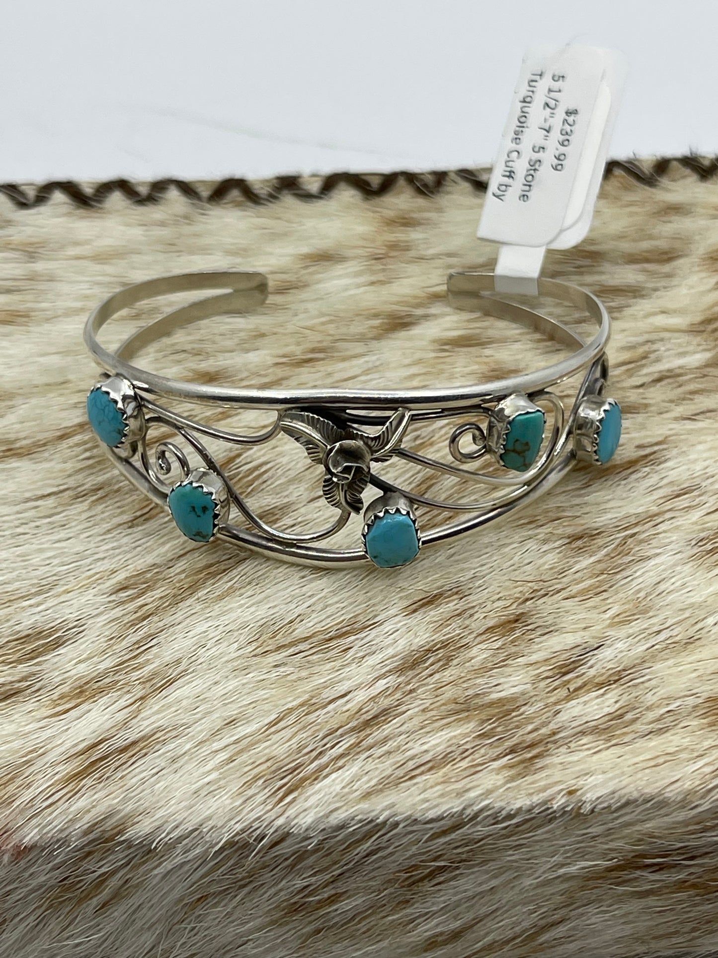5 1/2"-7" 5 Stone Turquoise Cuff by Carolynn Nez, Navajo