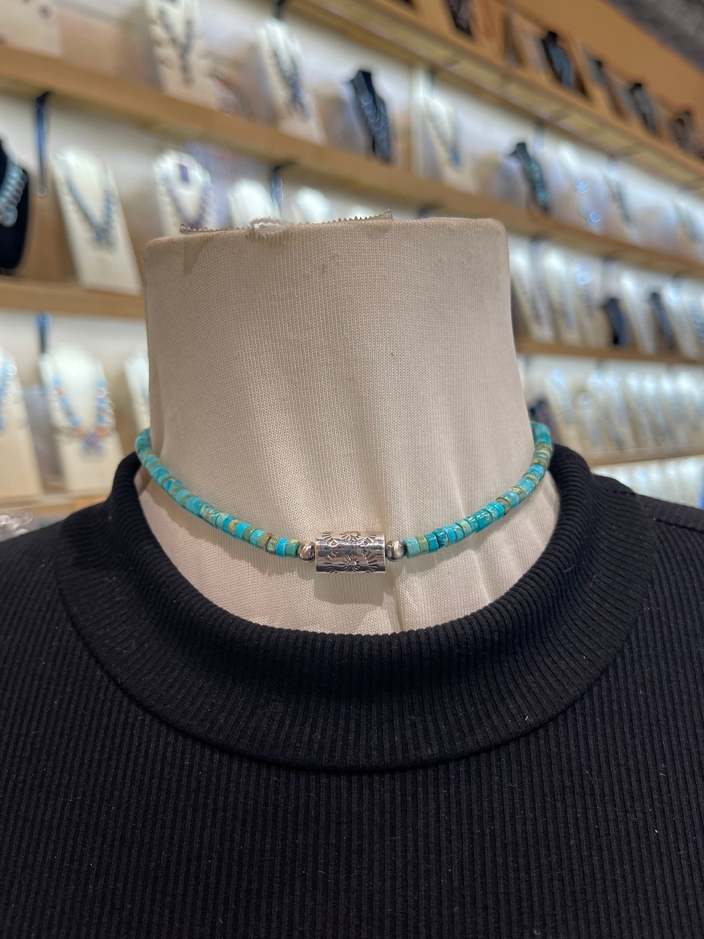 14" Magnesite Beads with Silver Stamped Barrel Bead Necklace