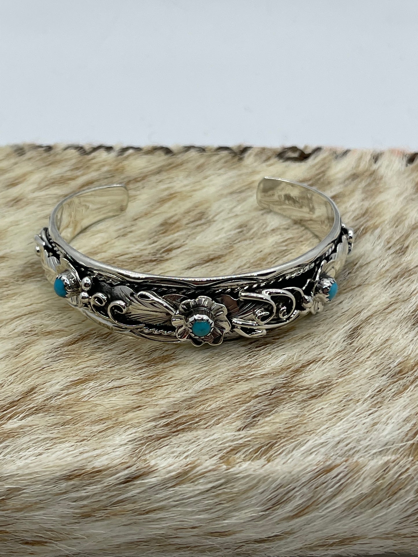 5 3/4"-7" Turquoise Floral Cuff by Bessie Joe, Navajo