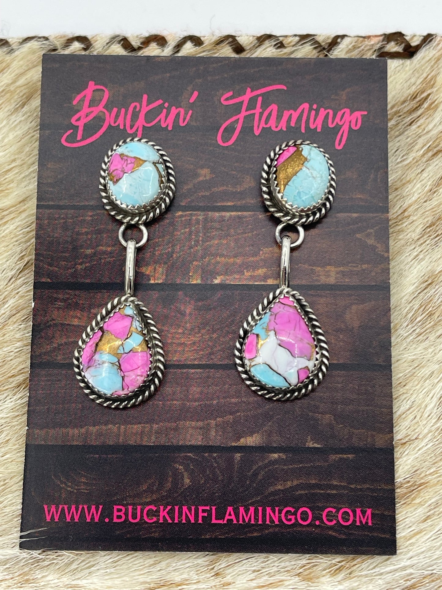 2 Stone Cotton Candy Post Dangle Earrings by Freda Martinez, Navajo