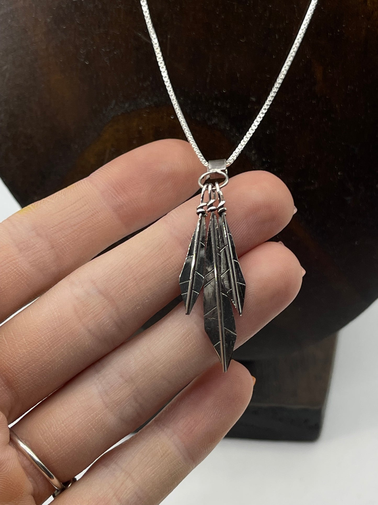 18" 3 Feather Dangle Necklace by Lorenzo Arviso Sr., Navajo