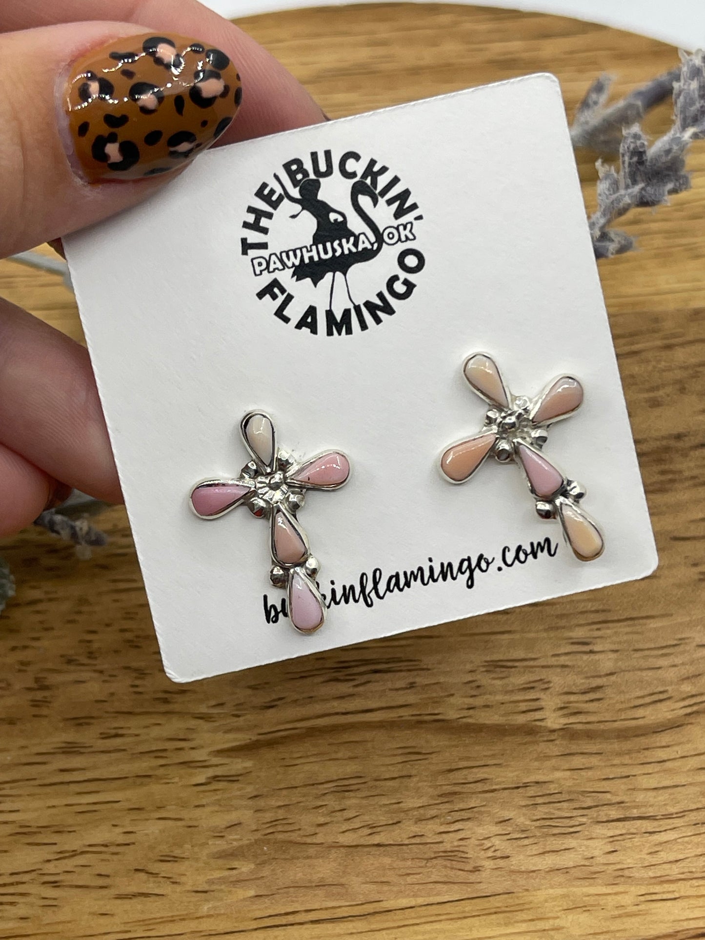 Pink Conch Shell Cross Post Earrings by Bryce Vacit, Zuni