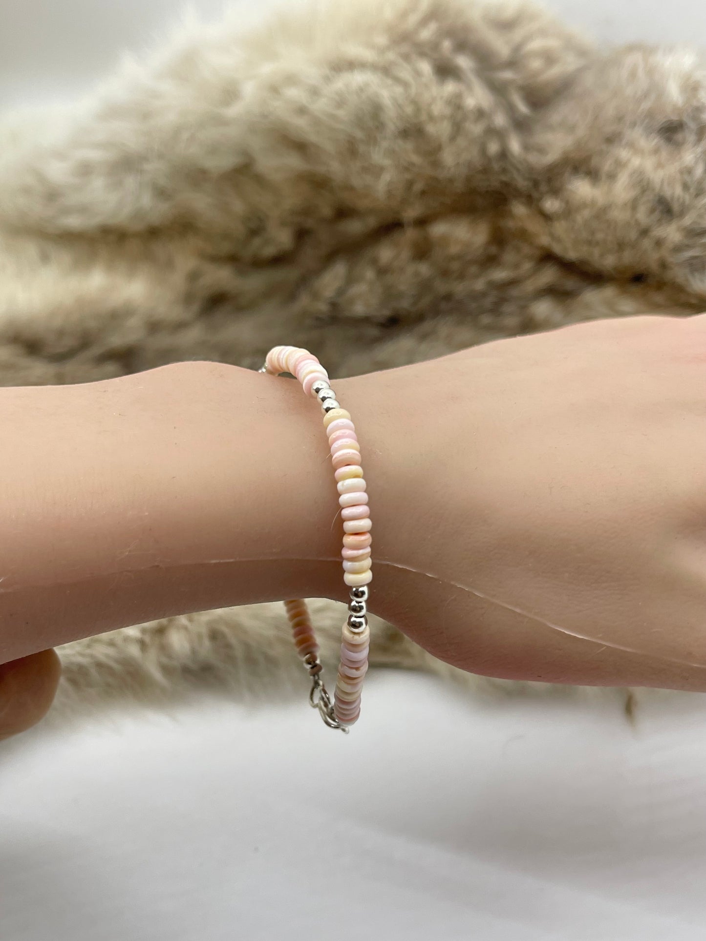 6.5” 4mm Pink Conch Shell Bead Bracelet with 3mm Silver Beads