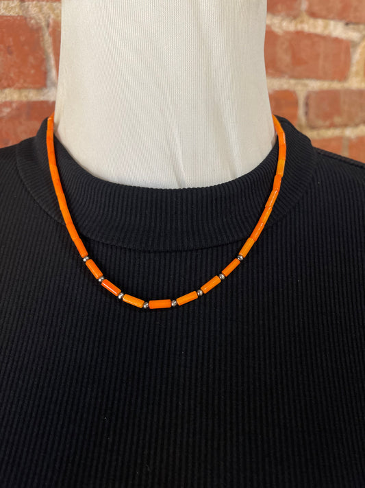 18" Orange Spiny Oyster Shell with 3mm Silver Pearl Necklace
