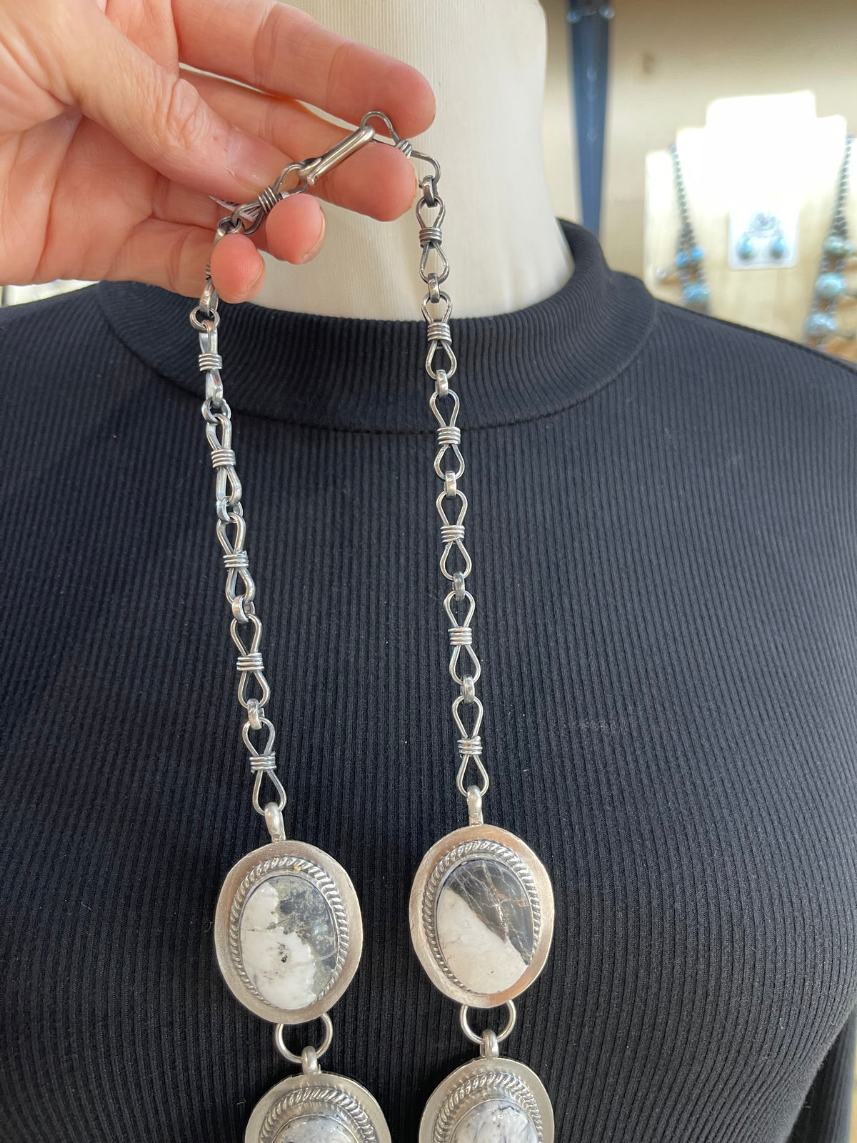 20" + 3" Drop 6 Stone White Buffalo Lariat Necklace by Lyle Piaso, Navajo
