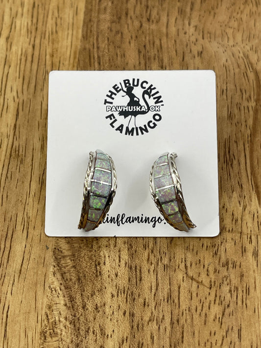 White Opal Inlay Post Earrings by Malcolm Chavez, Zuni