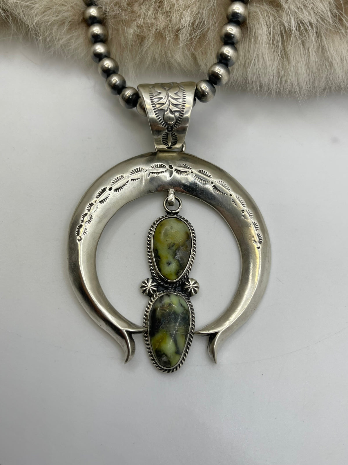 18" 6mm Navajo Style Pearls2 Stone Palomino Turquoise Naja Pendant by Derrick Gordon, Navajo