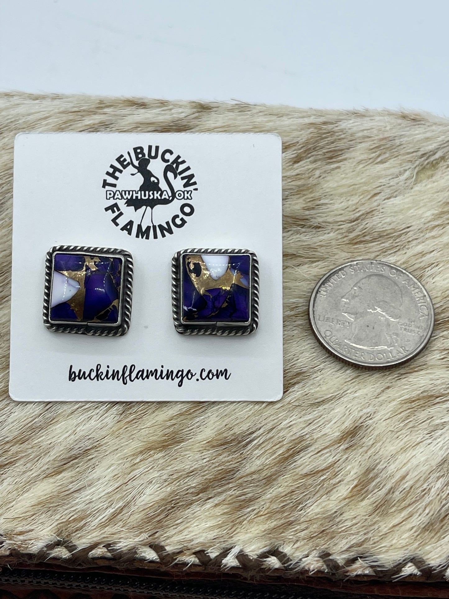 Lavender Dahlia Square Post Earrings by Judith Dixon, Navajo