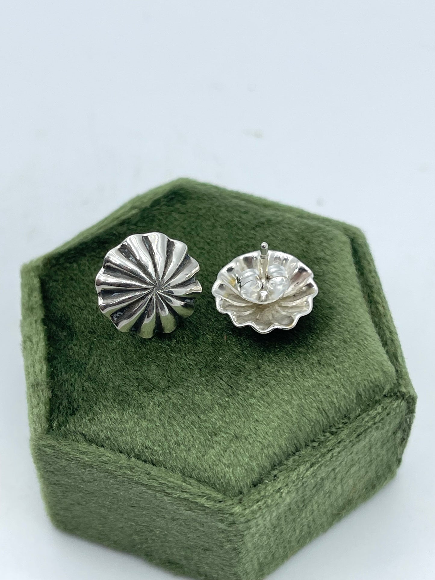 Small Silver Concho Stud Earrings by Sally Shurley, Navajo