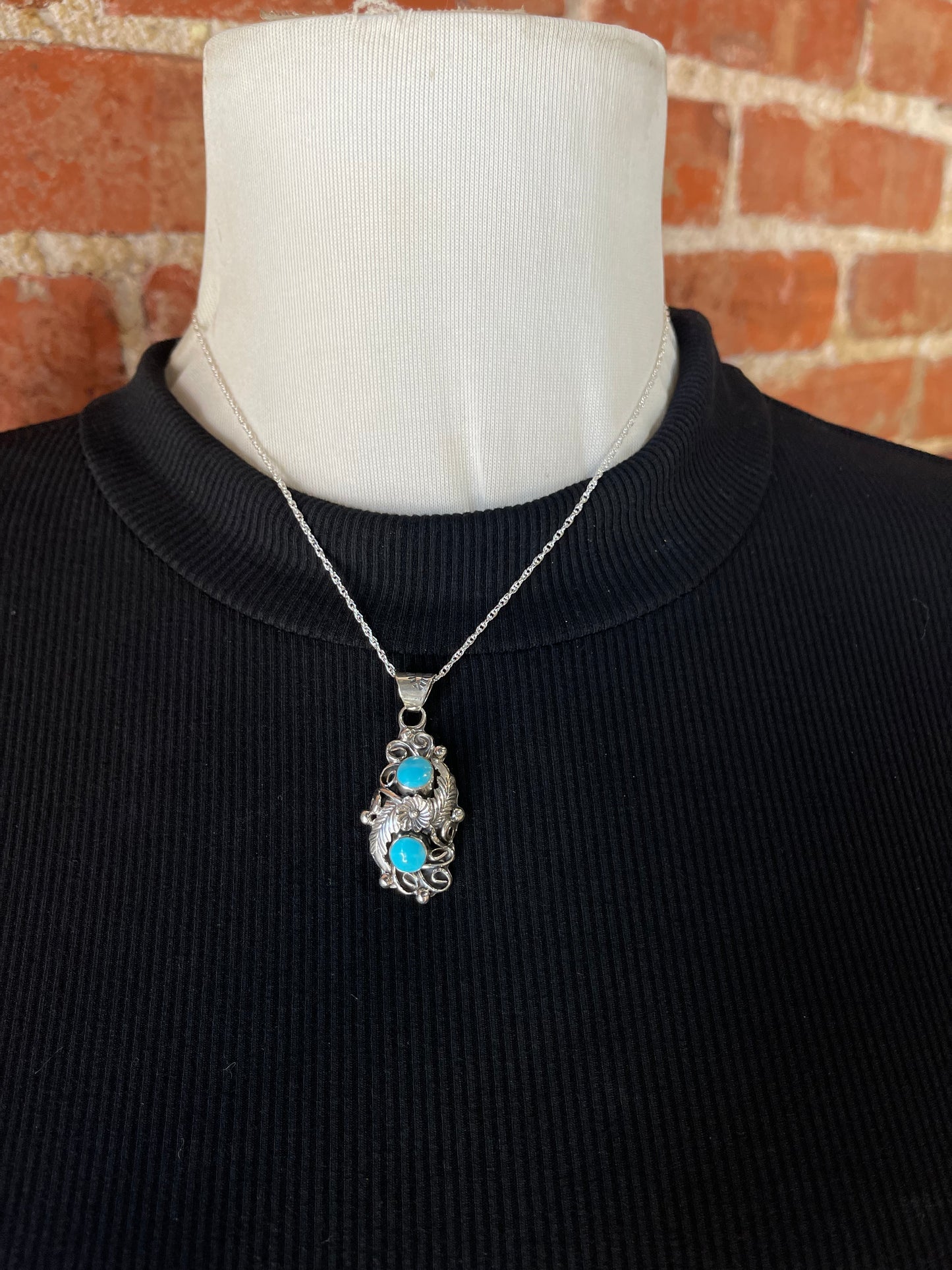 16" Two Stone Turquoise Floral Pendant Necklace by C. Yazzie, Navajo