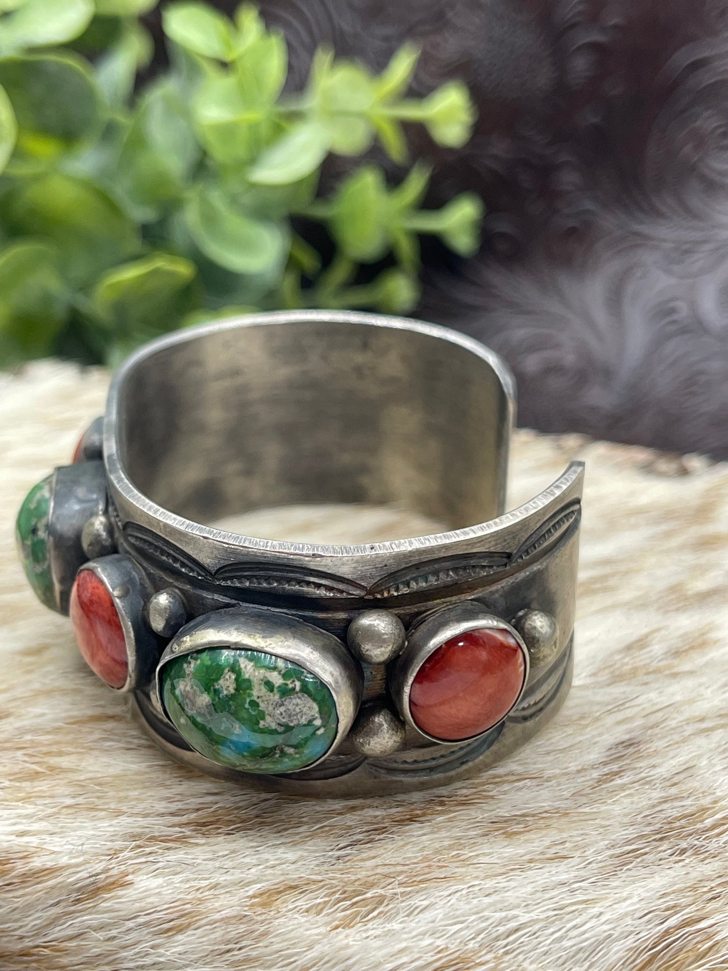 6.75" Red Spiny and Green Sonoran Gold Turquoise Cuff