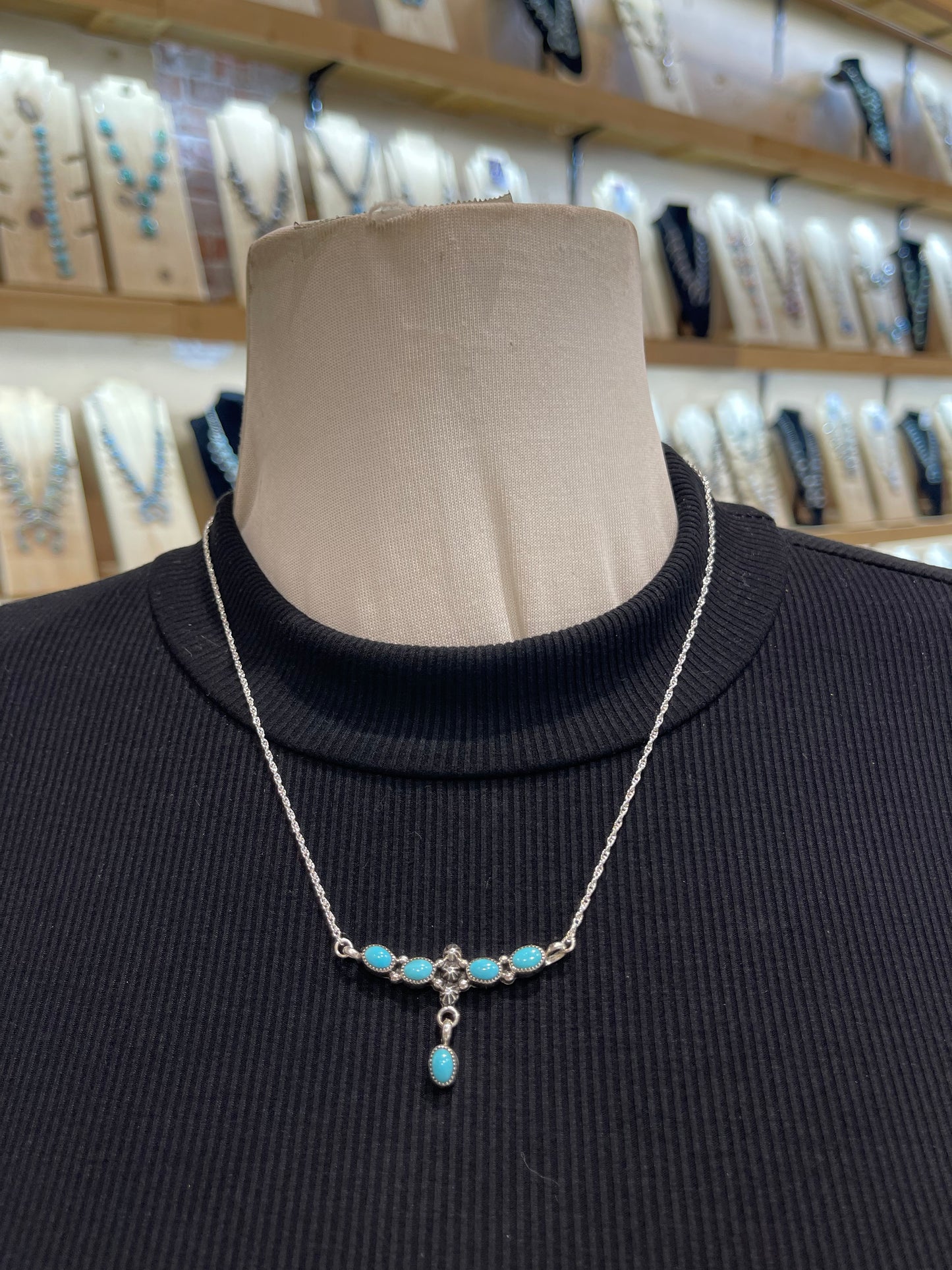 19" Dainty 5 Stone Turquoise Lariat Necklace by Verley Betone, Navajo