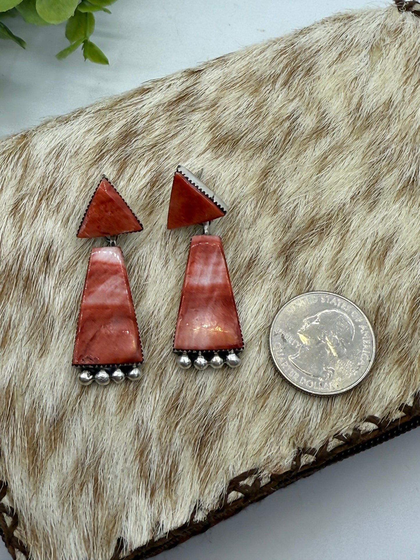 Red Spiny Oyster 2 Stone Dangle Earrings by Selina Warner, Navajo