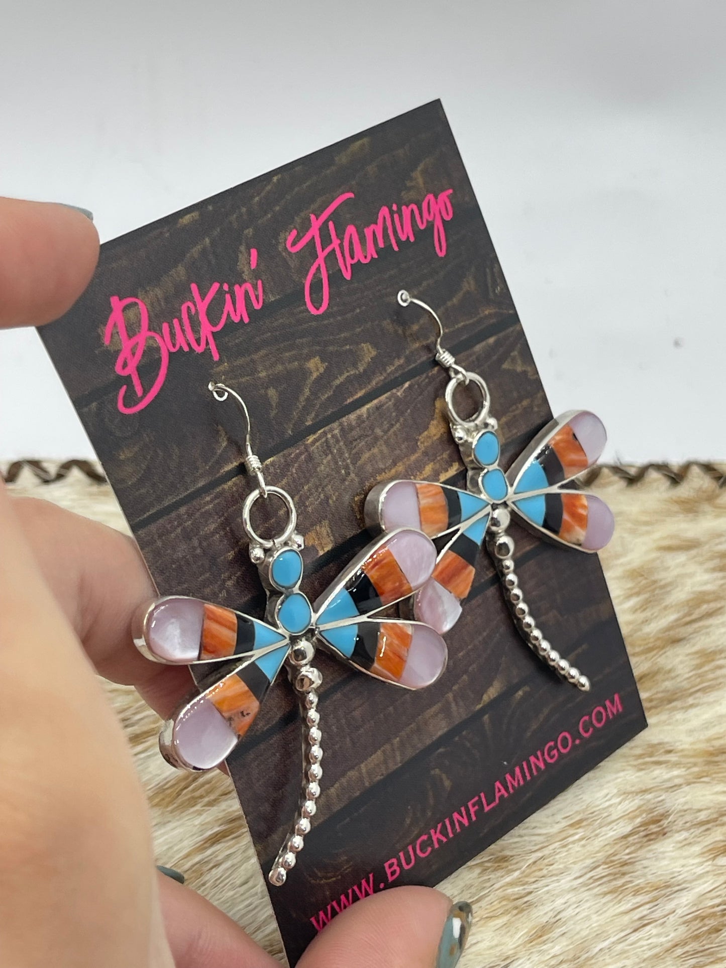 Turquoise, Black Onyx, Spiny, and Mother of Pearl Dragonfly Dangle Earrings by Angus Ahiyite, Zuni