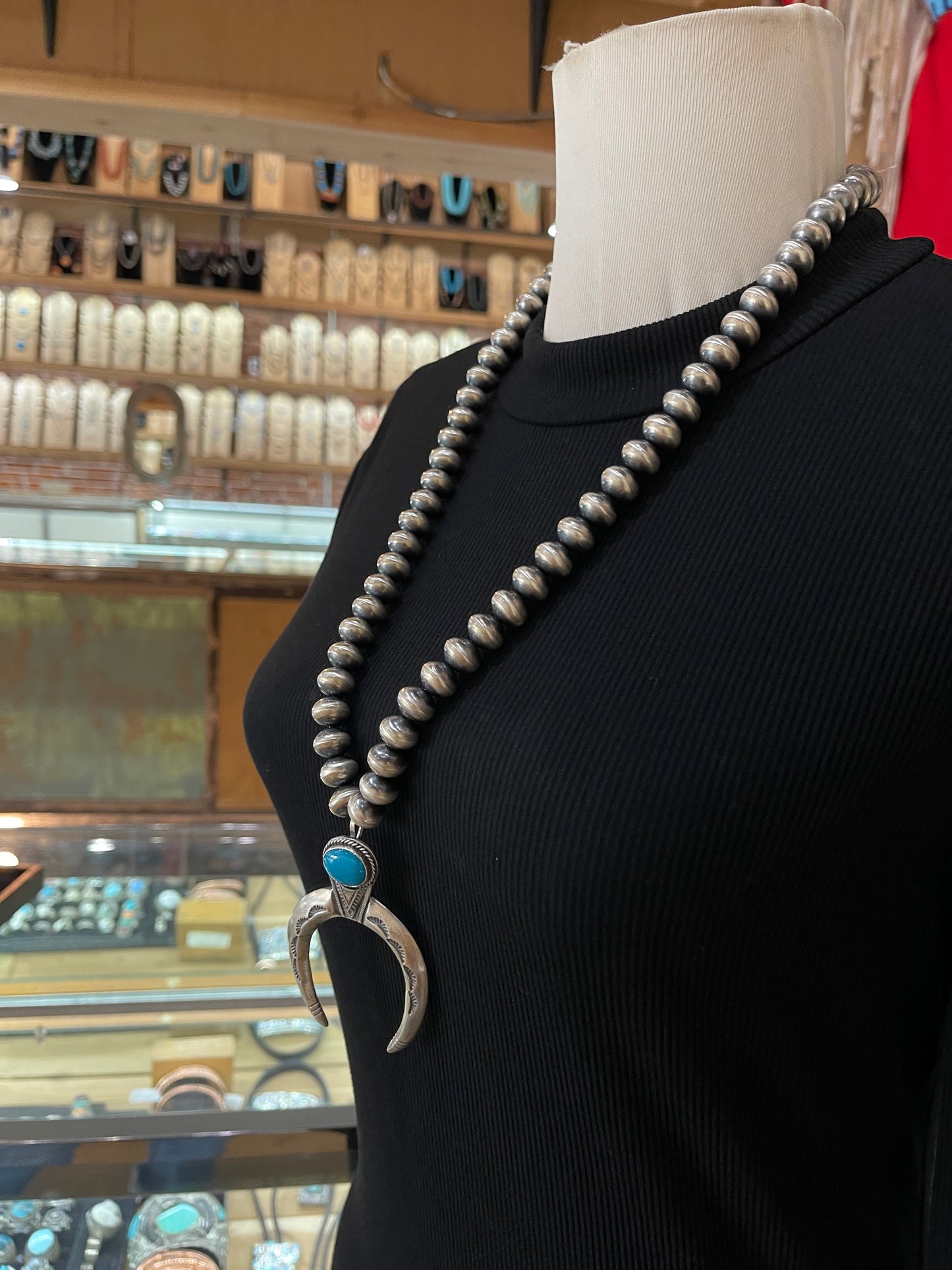 26" Turquoise Naja Pendant Necklace on 12mm Navajo Pearls