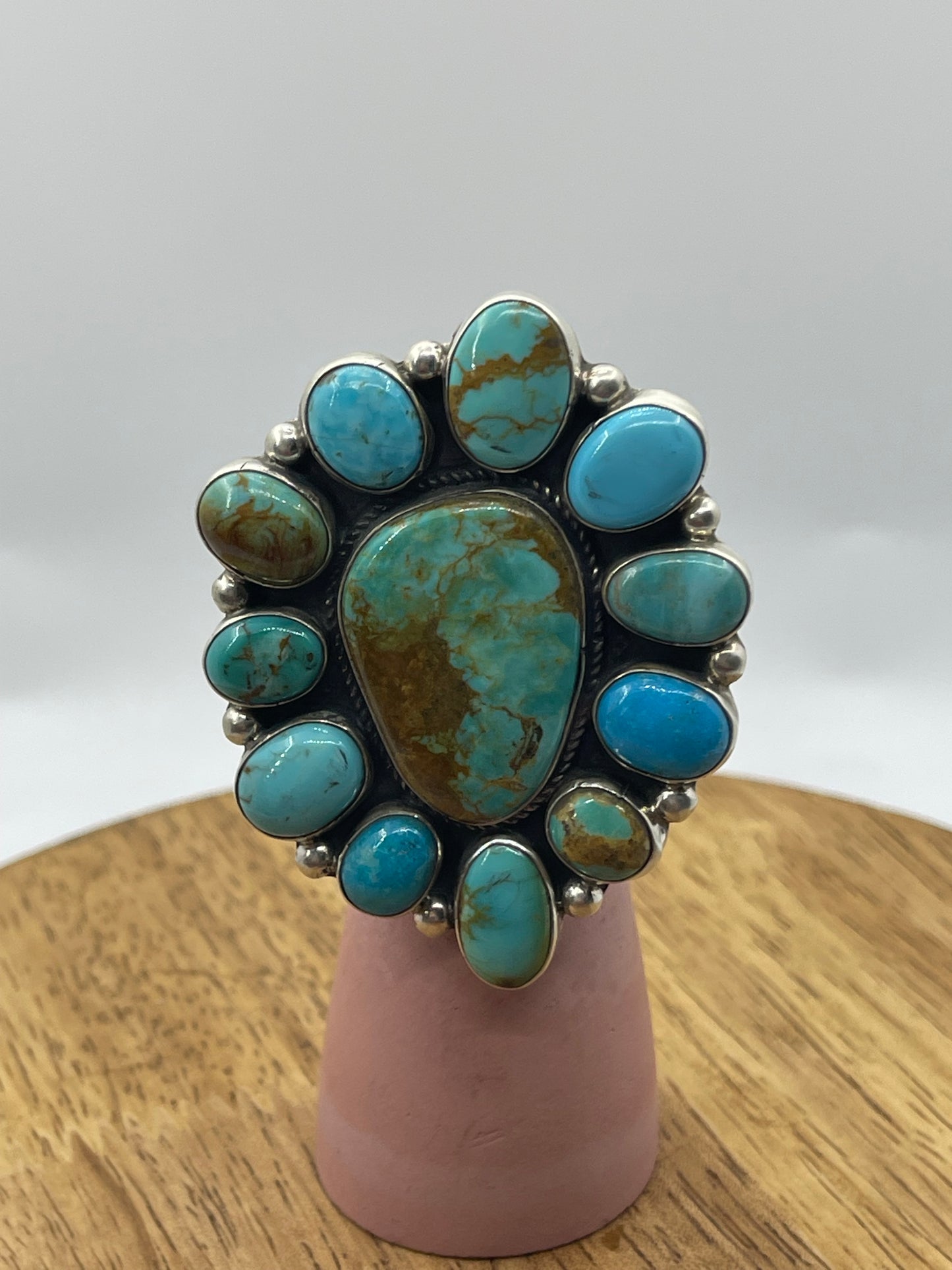 Adjustable 6.0-11.0 Turquoise Cluster Ring by Geraldine James, Navajo
