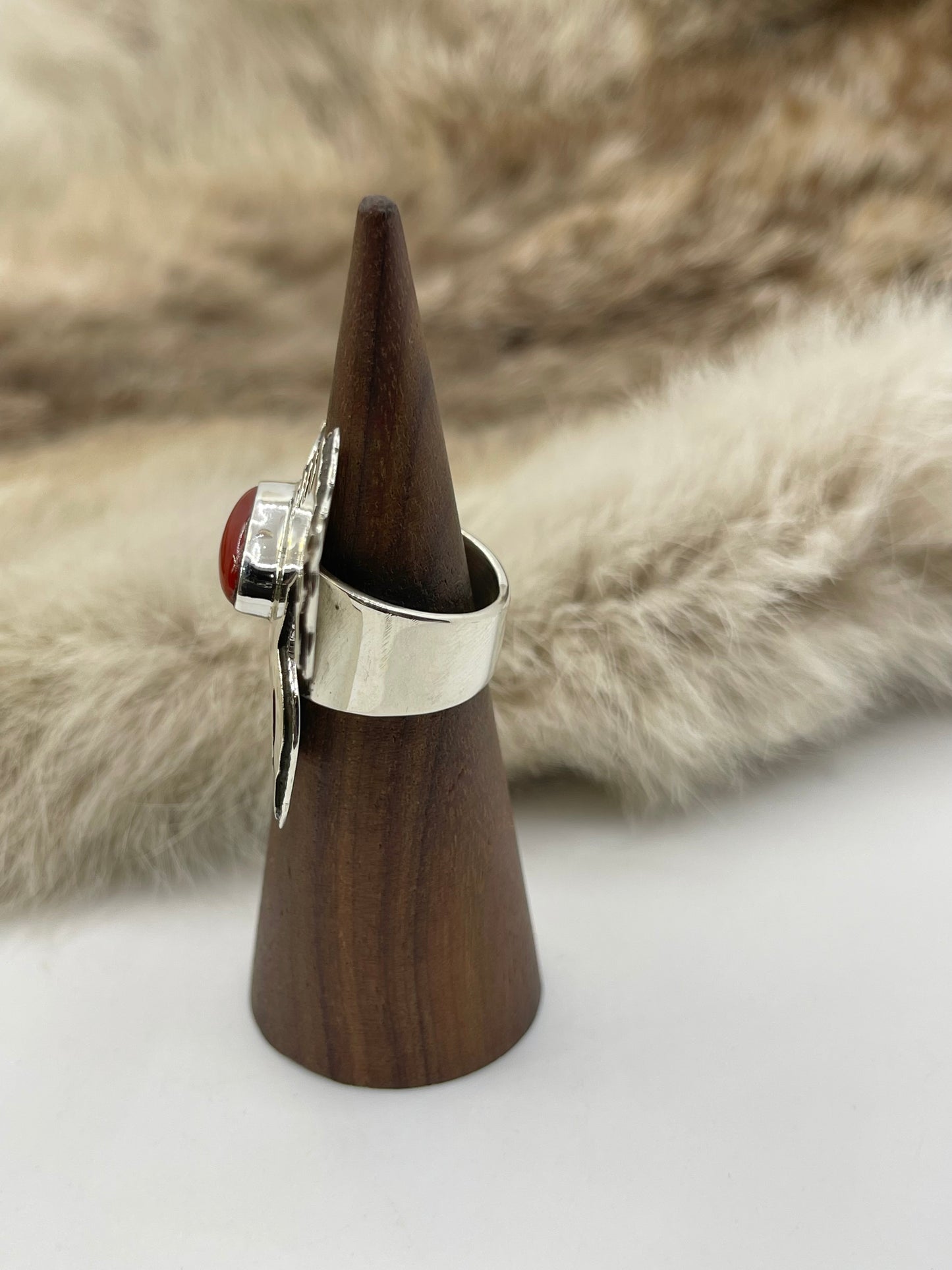 7.0 Red Coral Horse Ring by Marie Jackson, Navajo
