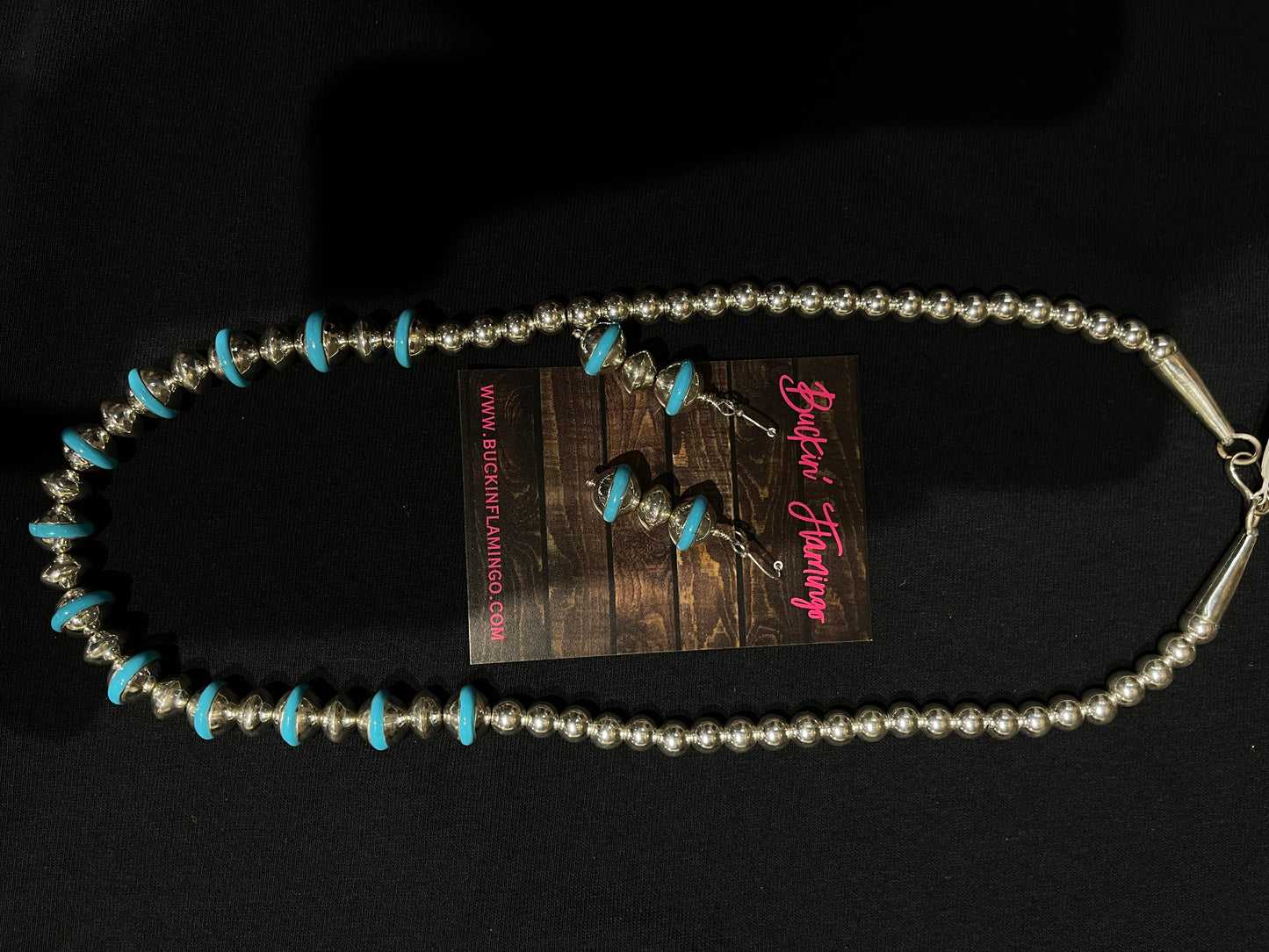 24" 8mm-12mm High Shine Navajo Pearls and Sleeping Beauty Turquoise Necklace and Dangle Earrings Set