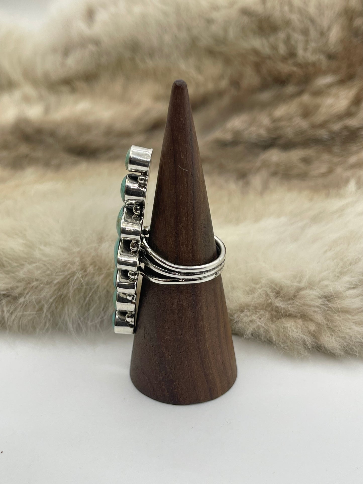 9.0 7 Stone Turquoise Ring by Loretta Delgarito, Navajo