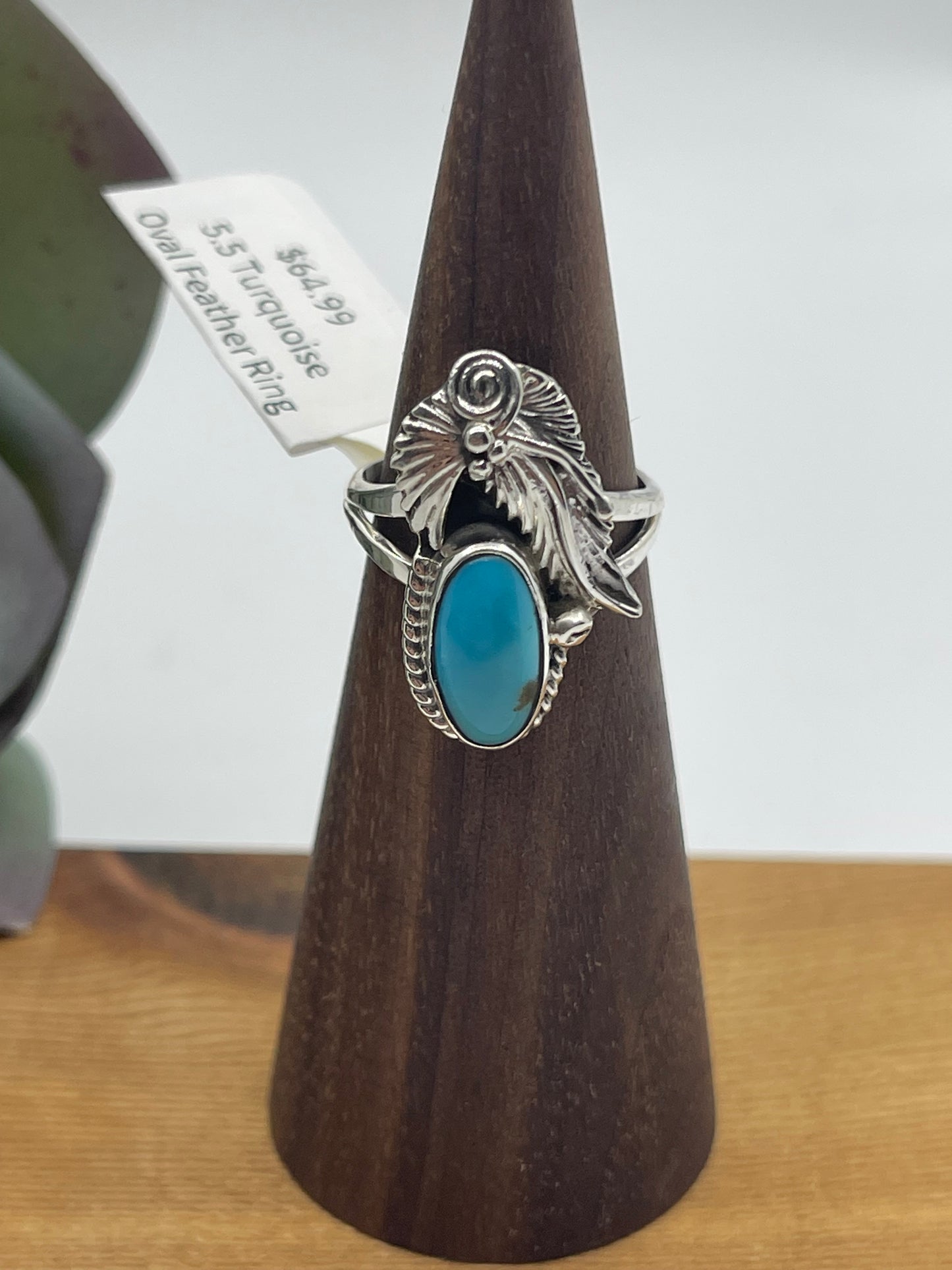 5.5 Turquoise Oval Feather Ring by Harris Largo, Navajo