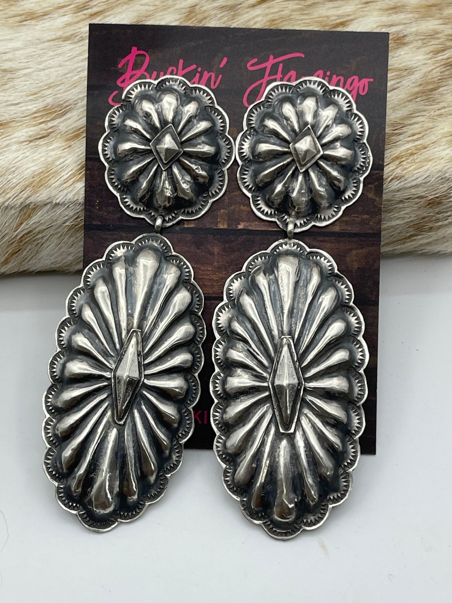 Double Concho Post Dangle Earrings by Rita Lee, Navajo