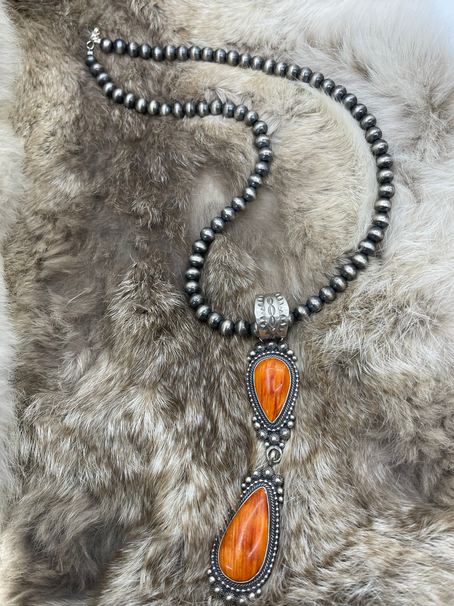 2 Stone Orange Spiny Oyster Pendant on 20" 7mm Navajo Style Pearls by Tom Lewis, Navajo