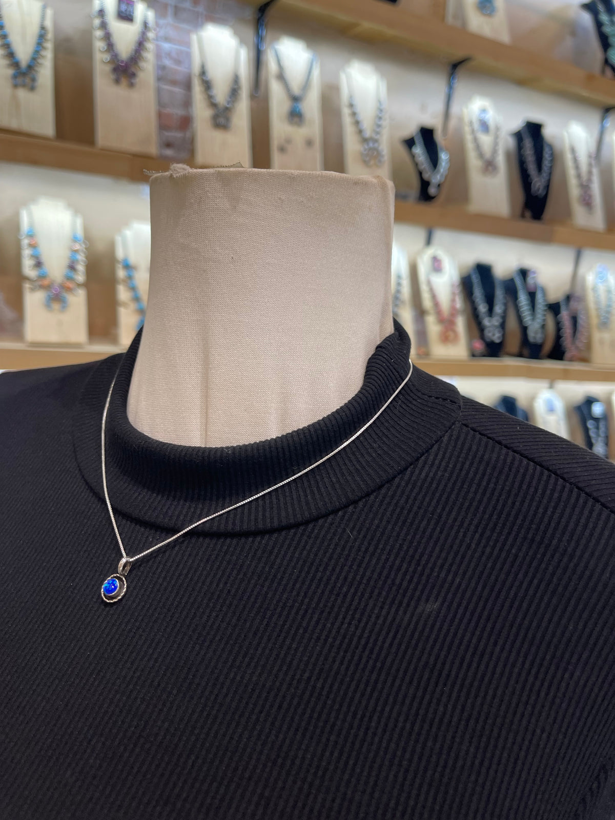 18" 3.8mm Bail Tiny Blue Opal Circle Pendant Necklace by Carina Leekity, Zuni