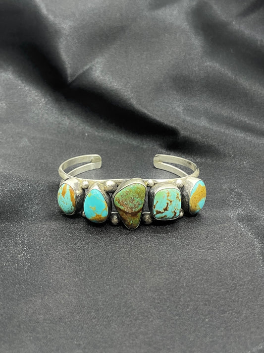 6"-7.5" Mixed Mine Turquoise 5 Stone Cuff by Augustine Largo, Navajo