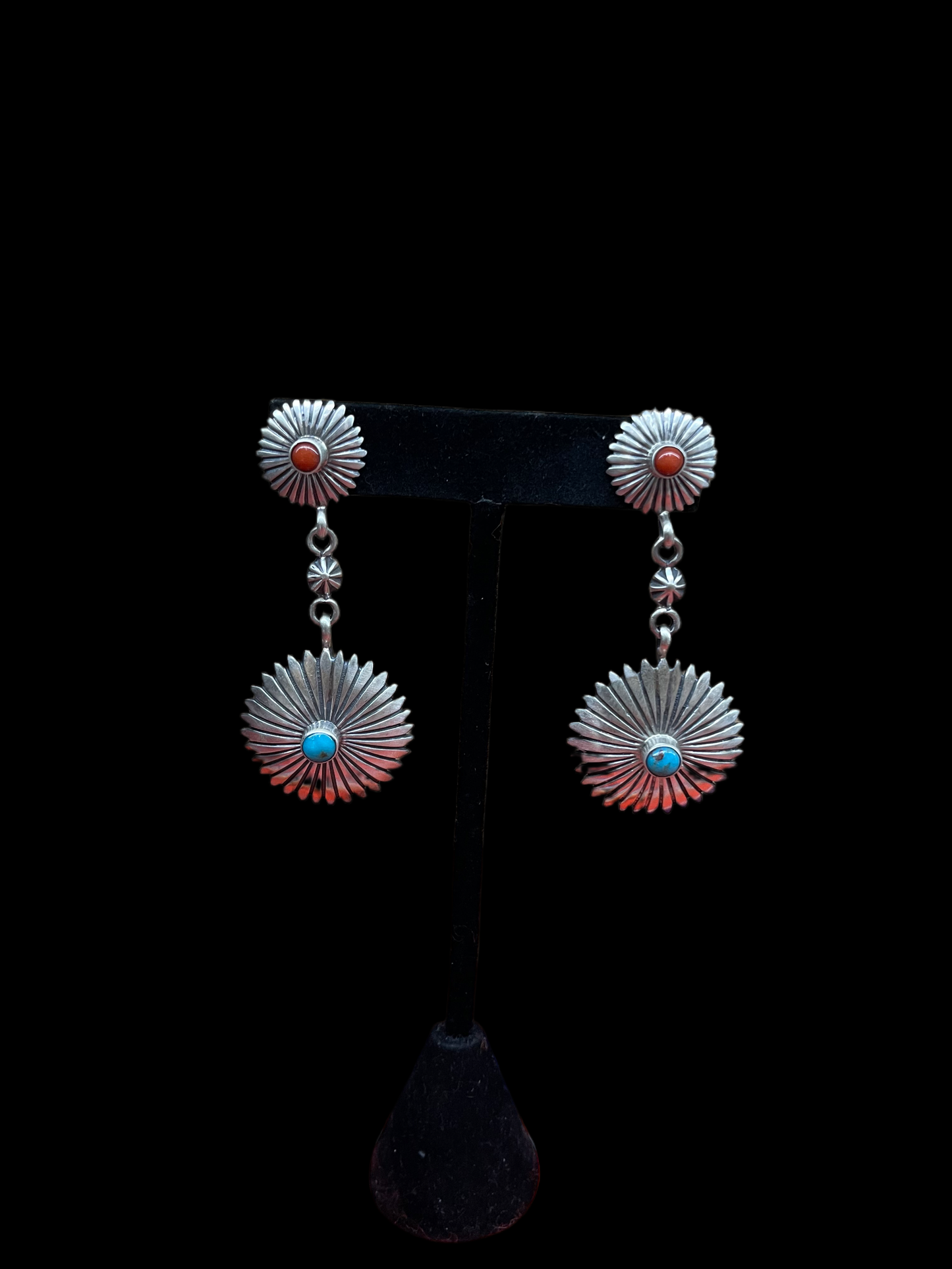 Double Concho Dangle Earring With Kingman Turquoise and Red Coral by Verley Betone, Navajo