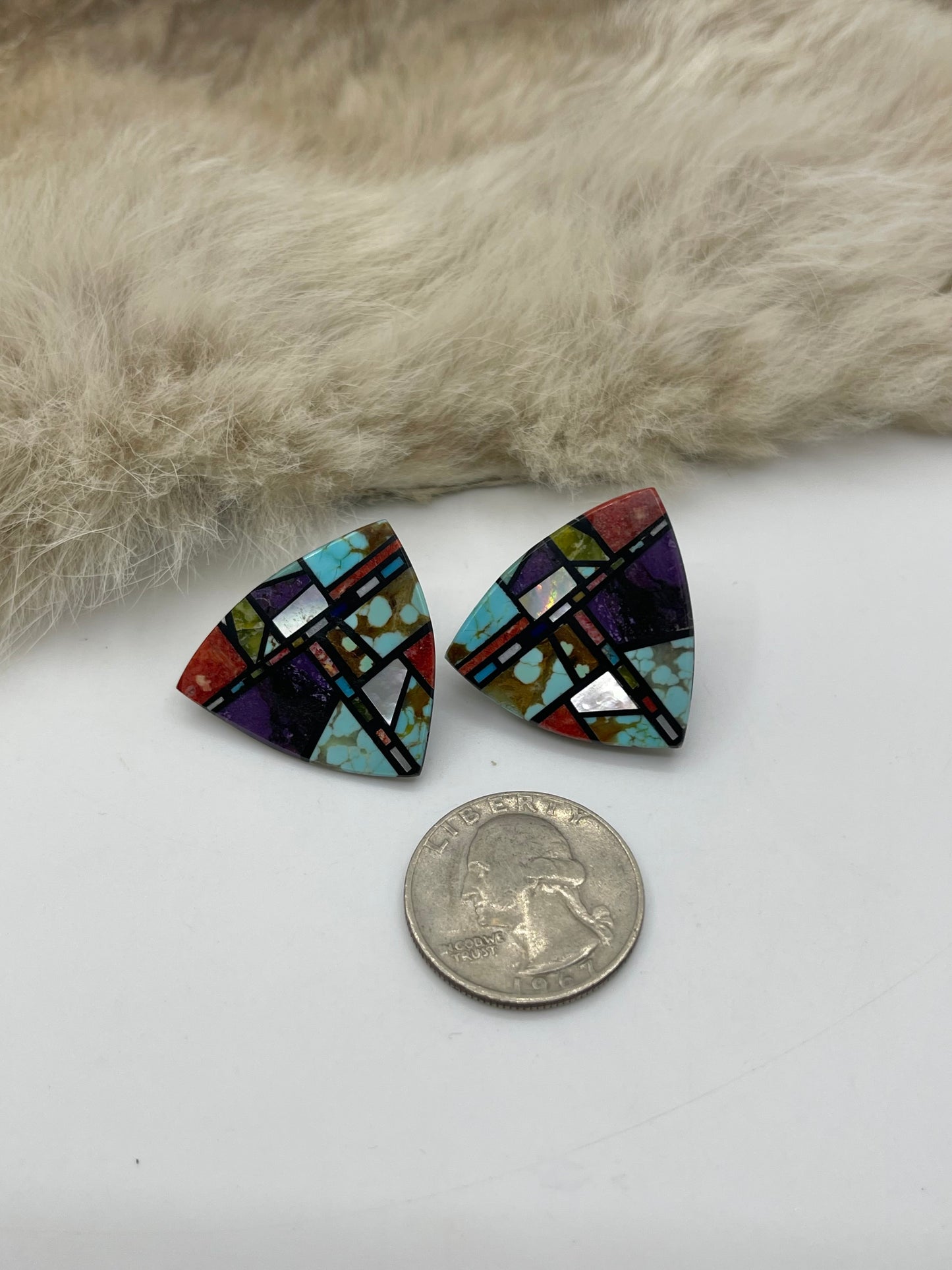#8 Turquoise, Mother of Pearl, Sugilite, Red Coral, Spiny Oyster, on Black Jet with Post Earrings