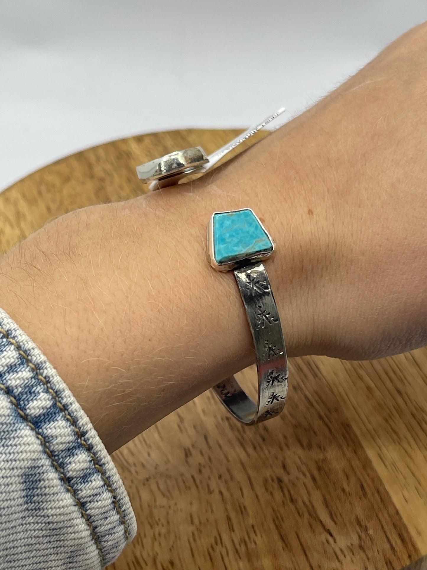 5 3/4"-7" 2 Stone Turquoise Cuff by Jude Candelonia, Zuni