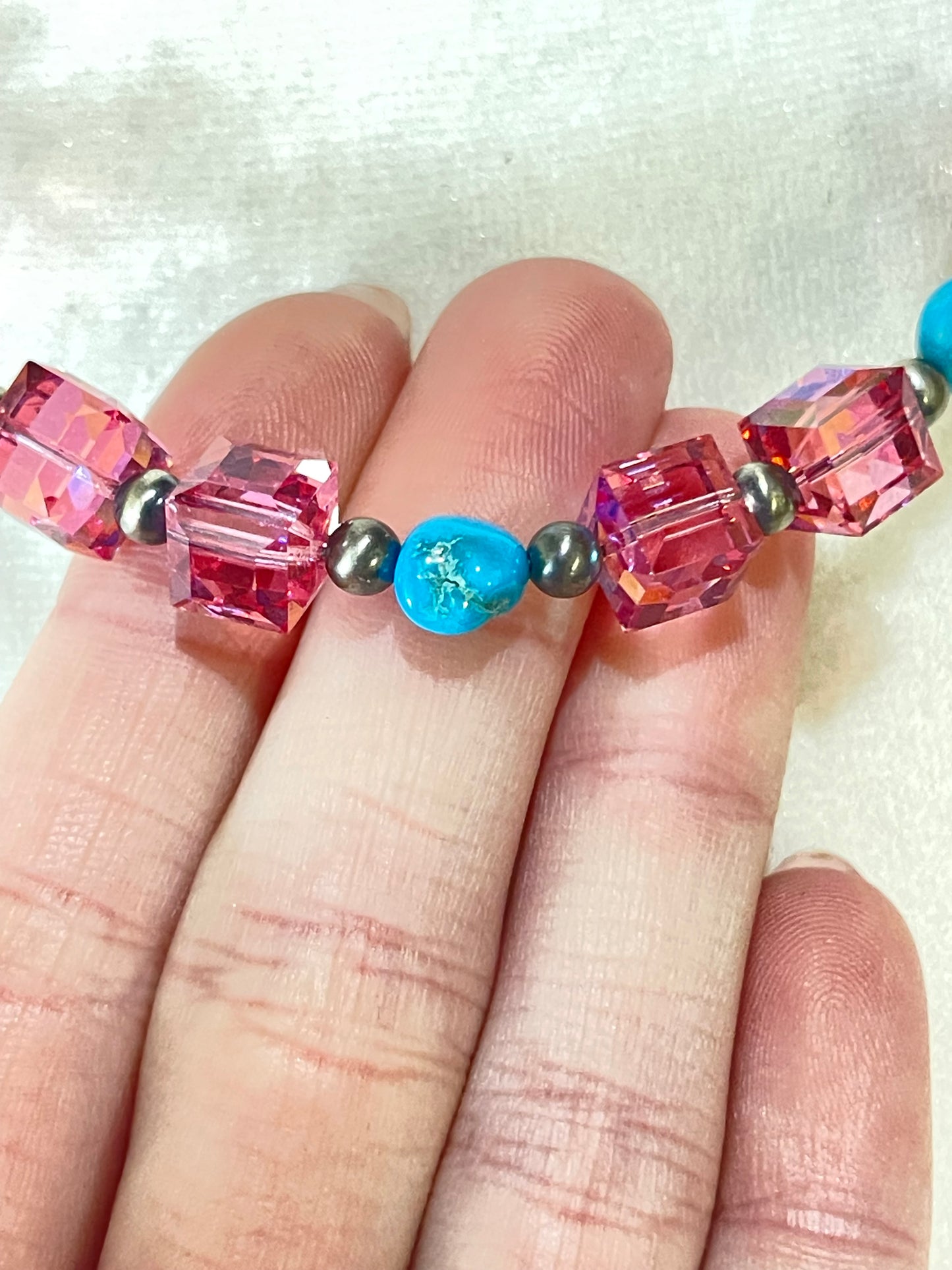 18" Pink Swarovski Crystals, Sleeping Beauty Turquoise, and 3mm Navajo Pearls Necklace