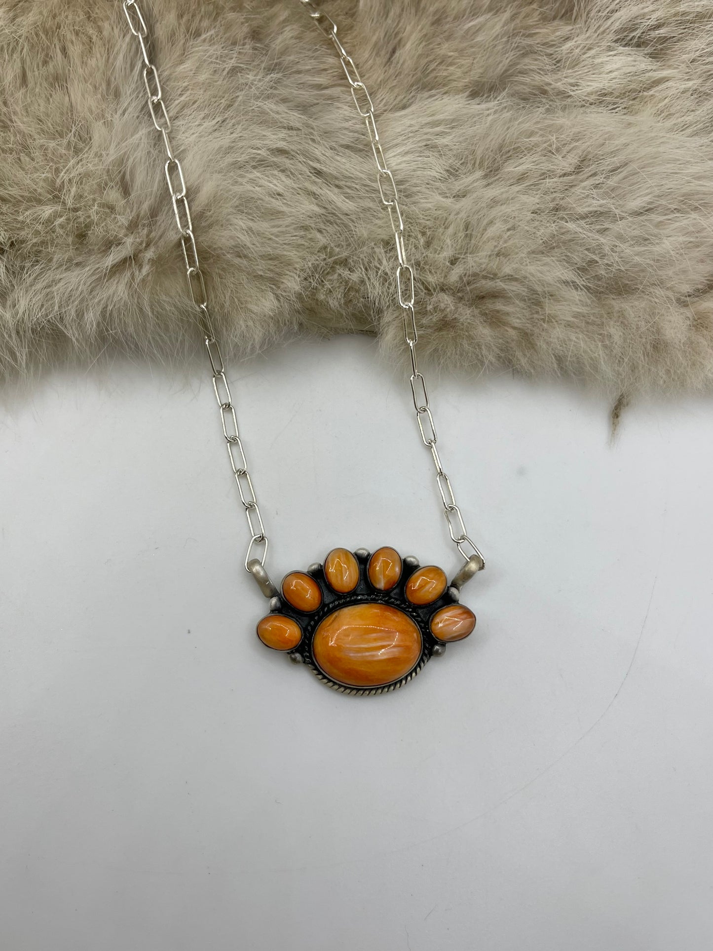 16" Orange Spiny Oyster Shell Half Cluster Necklace