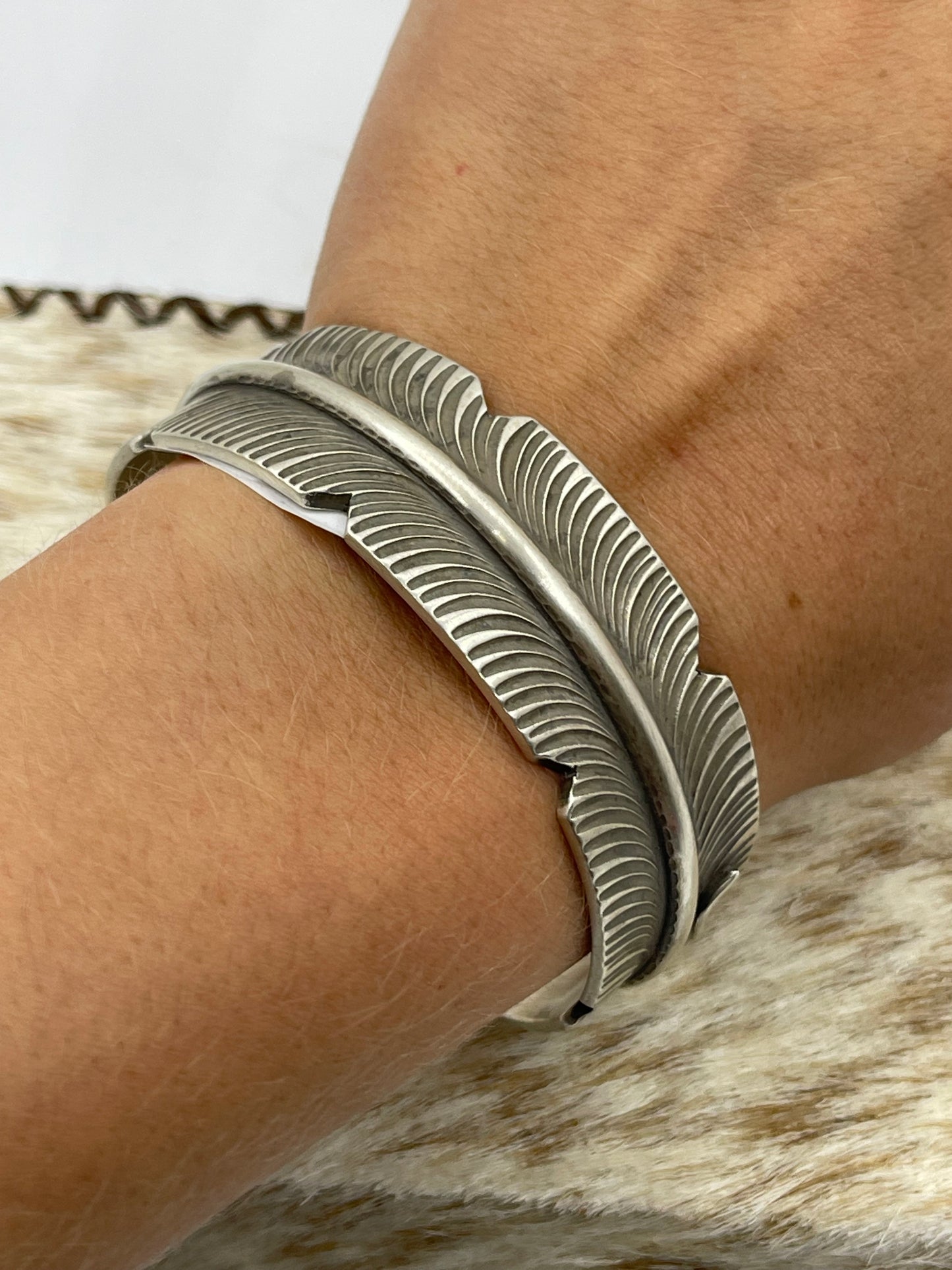 6"-7" Heavy Silver Feather Cuff by C.C, Navajo