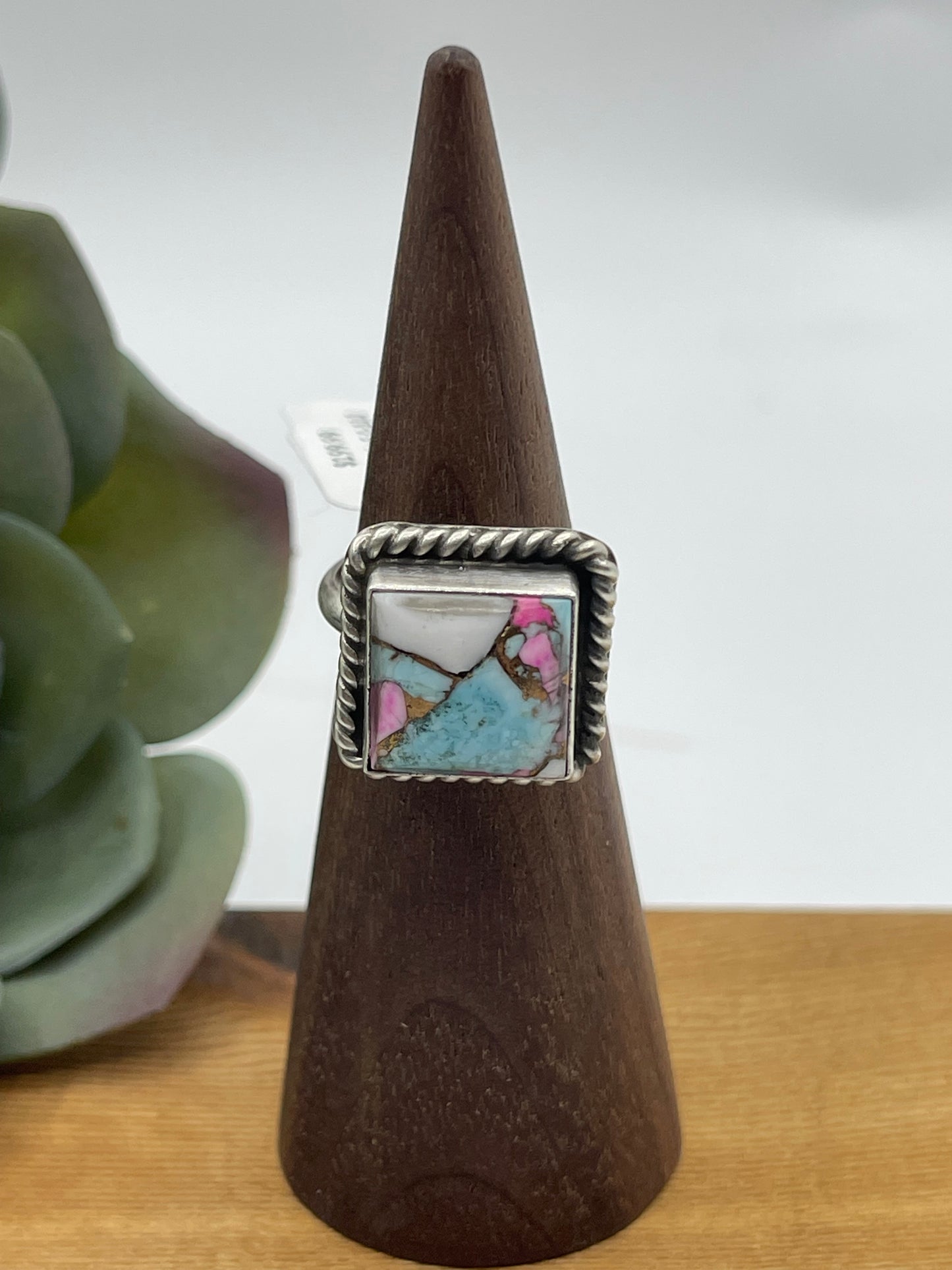 Adjustable 6.0-10.0 Cotton Candy Square Ring by Johnny Dixon, Navajo